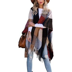Women Boho Buffalo PlaidPoncho Pashmina Shawl WrapCape Sweater Knitting Cardigan
